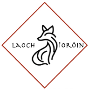 square diamond logo with fox line drawing and the words "Laoch Íoróin", which means Irony Warrior in the Irish language.